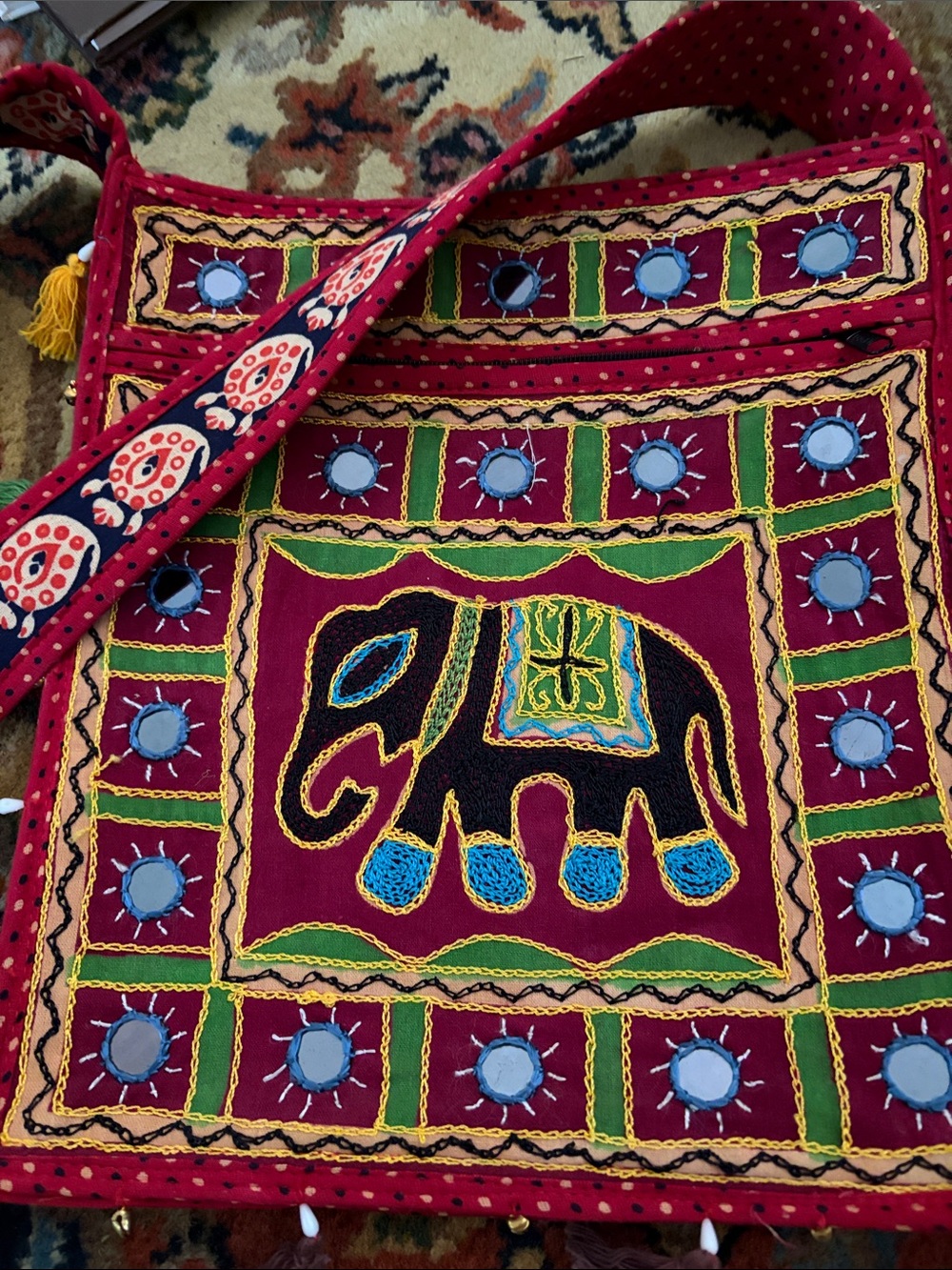 Embroidered Maroon Elephant Hobo Bag with Colorful Accents